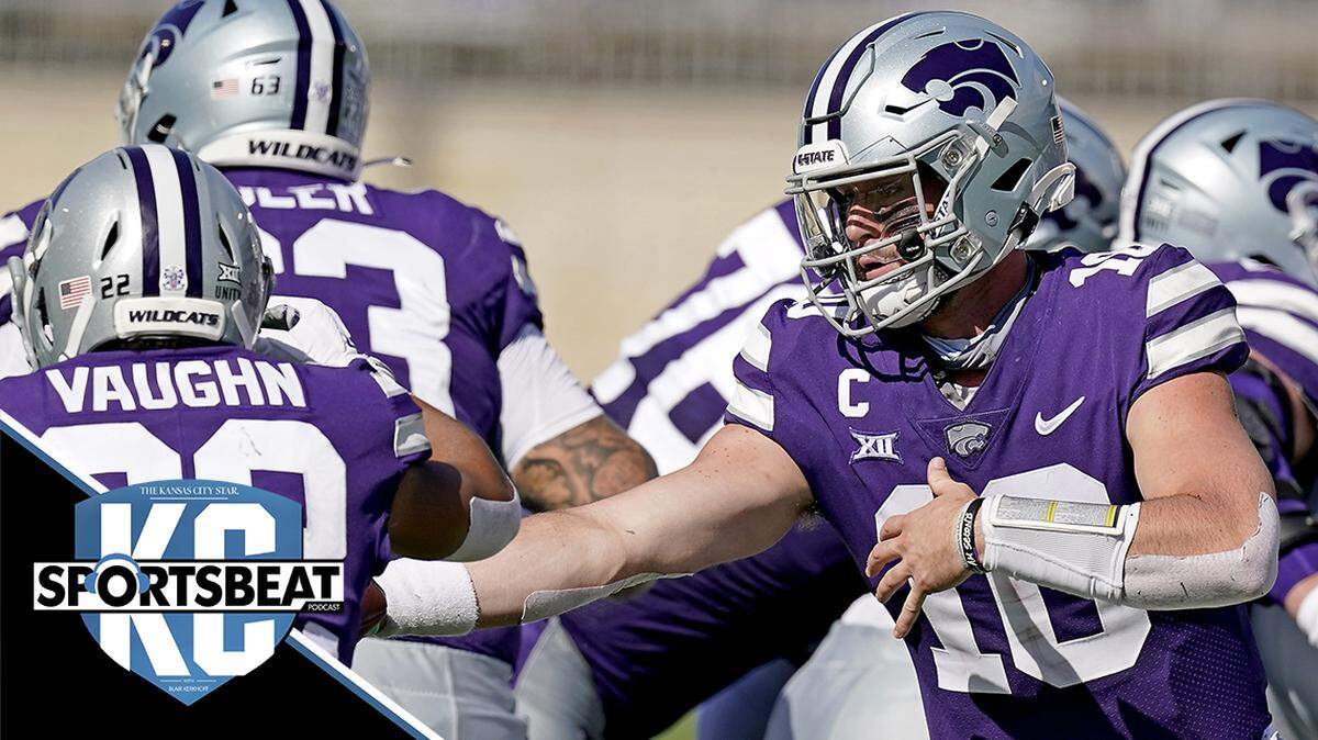 Kansas State quarterback Skylar Thompson (10) hands the ball to running back Deuce Vaughn (22) during the first half of an NCAA college football game against Texas Tech Saturday, Oct. 3, 2020, in Manhattan, Kan. (AP Photo/Charlie Riedel)