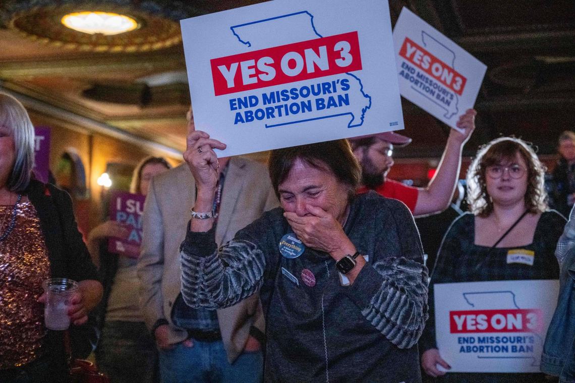 Supporters and organizers of Proposition A celebrate the results of the election at a watch party at Uptown Theater in Kansas City on Election Day, Tuesday, Nov. 5, 2024.