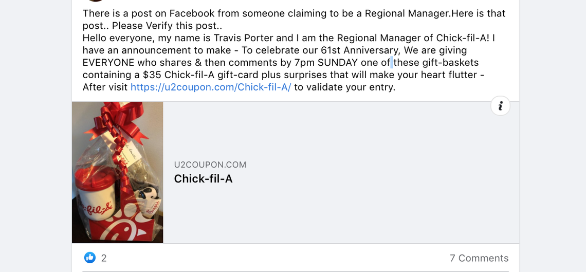 A post circulating on social media purports to be from a Chick-fil-A regional manager and claims the restaurant chain is giving away free gift baskets.