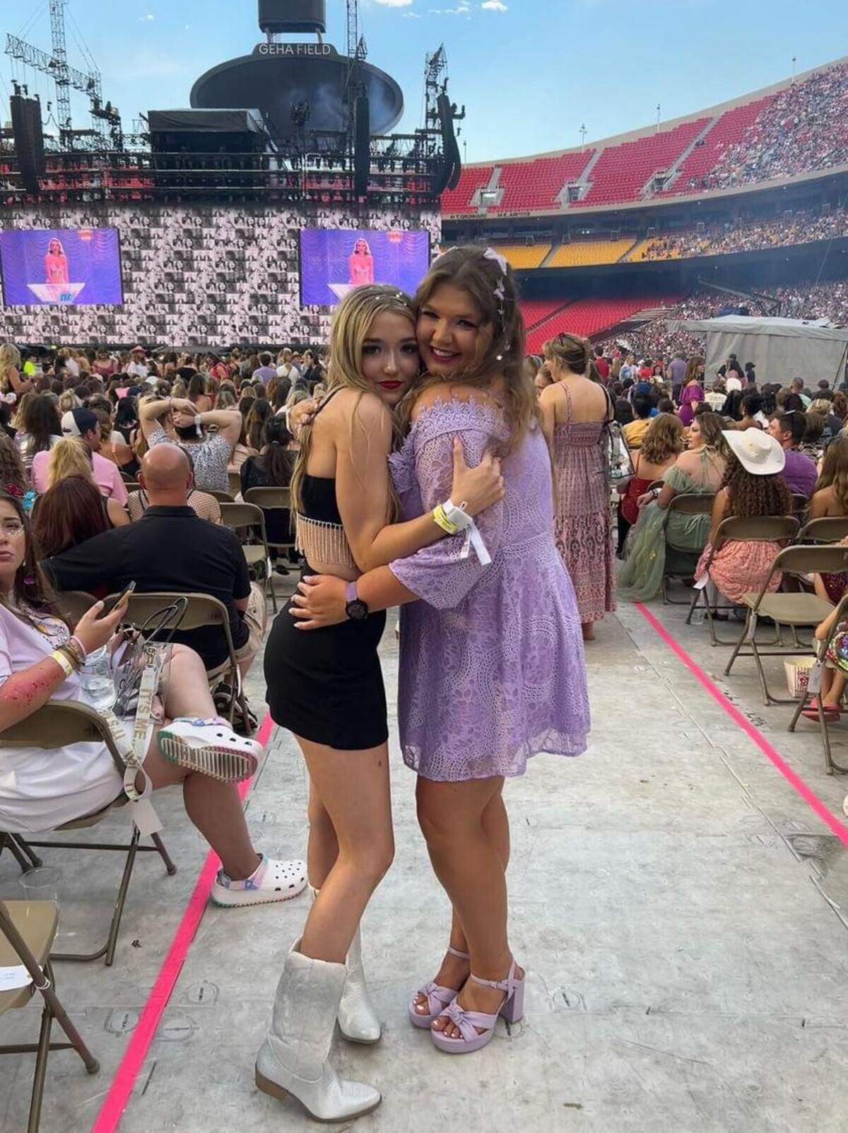 Beasley, right, and her cousin, Presley Thomlinson, at the first Eras Tour show at GEHA Field at Arrowhead Stadium last summer.