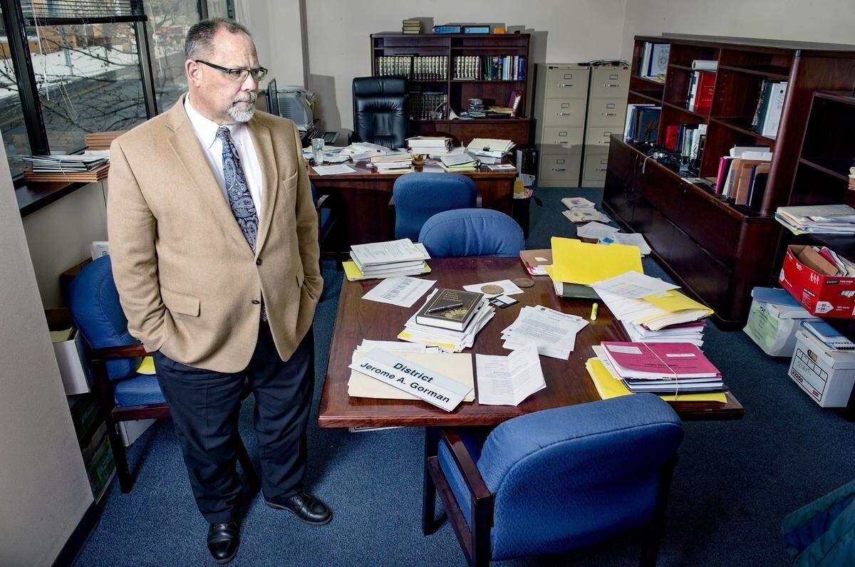 Outgoing Wyandotte County District Attorney Jerry Gorman stood in his Wyandotte County Courthouse office which he was in the process of packing up in January 2017, after losing the race for DA to Mark Dupree. Gorman’s office would have been the most likely agency to prosecute criminal charges against those involved in the Schlitterbahn case but Kansas Attorney General Derek Schmidt said his office was handling it.