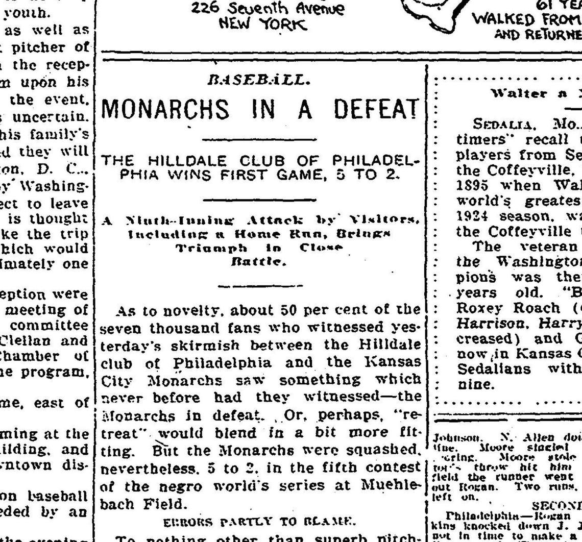 The Star gave the Kansas City Monarchs a few paragraphs of coverage when the team played in the 1924 Negro World Series.