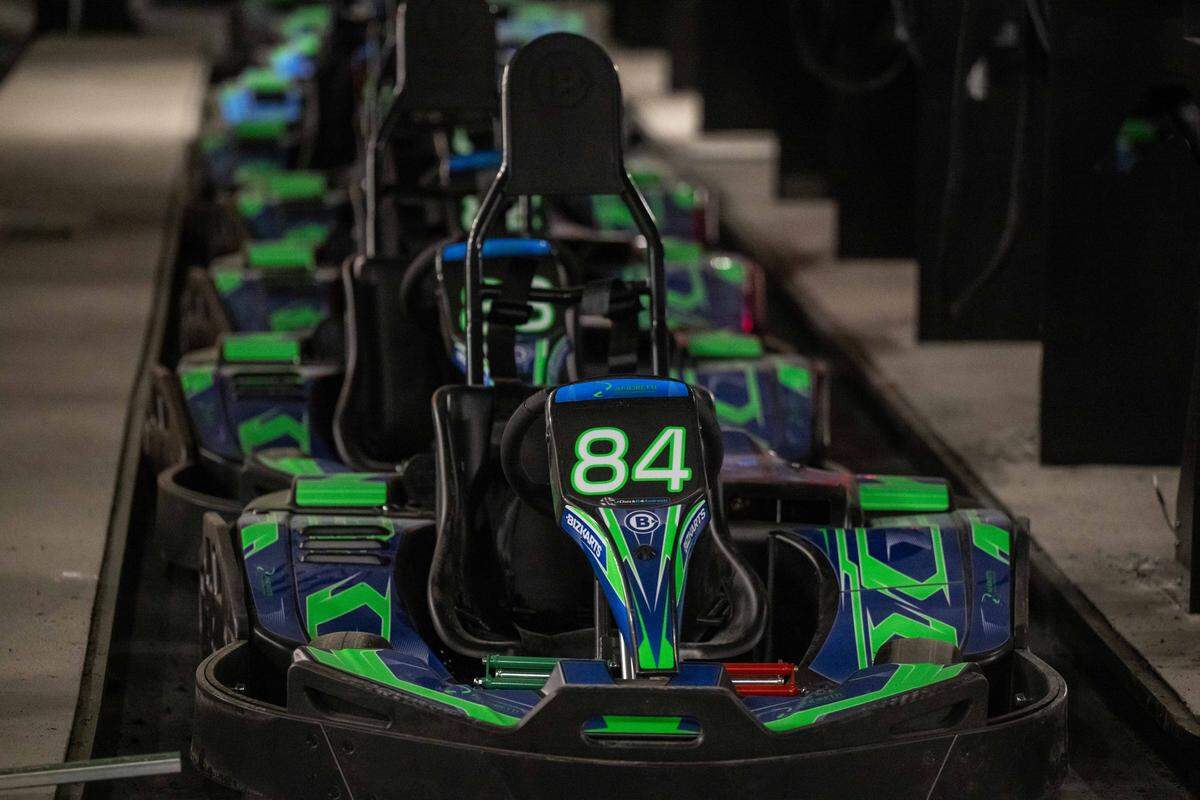 Electric karts wait for riders at the newest location of Andretti Indoor Karting in Overland Park.