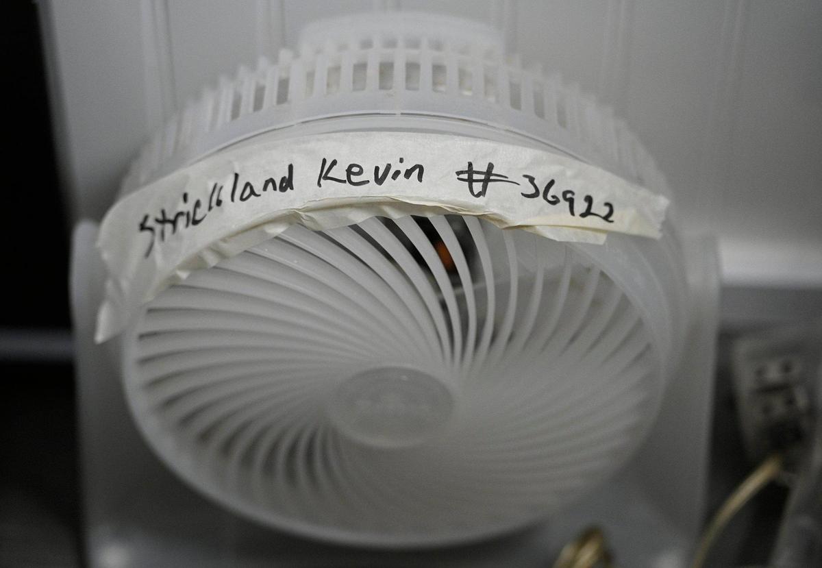 Kevin Strickland brought home belongings from prison, including this electric fan, which still has his prisoner identification on it.
