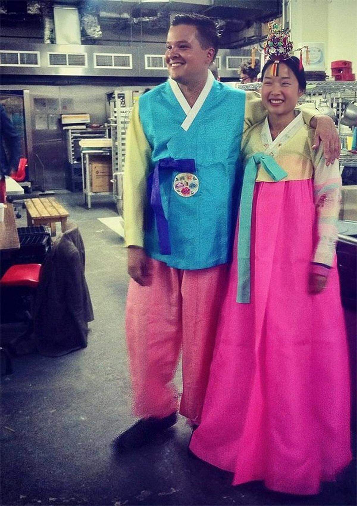 Wearing traditional Korean wedding attire, Johnny Leach and Helen Jo at their rehearsal dinner the night before their wedding in 2012 in New York City. 