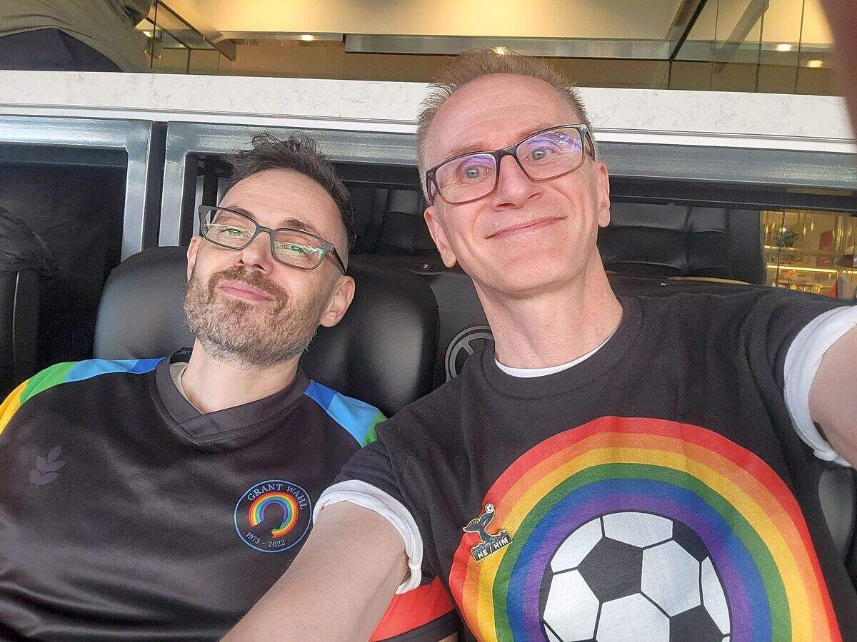 Eric Wahl (right) and his ex-husband Pete Buchholz attended the Pride match during the World Cup in Seattle on June 26, 2026.