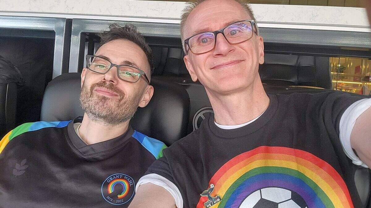 Eric Wahl (right) and his ex-husband Pete Buchholz attended the Pride match during the World Cup in Seattle on June 26, 2026.
