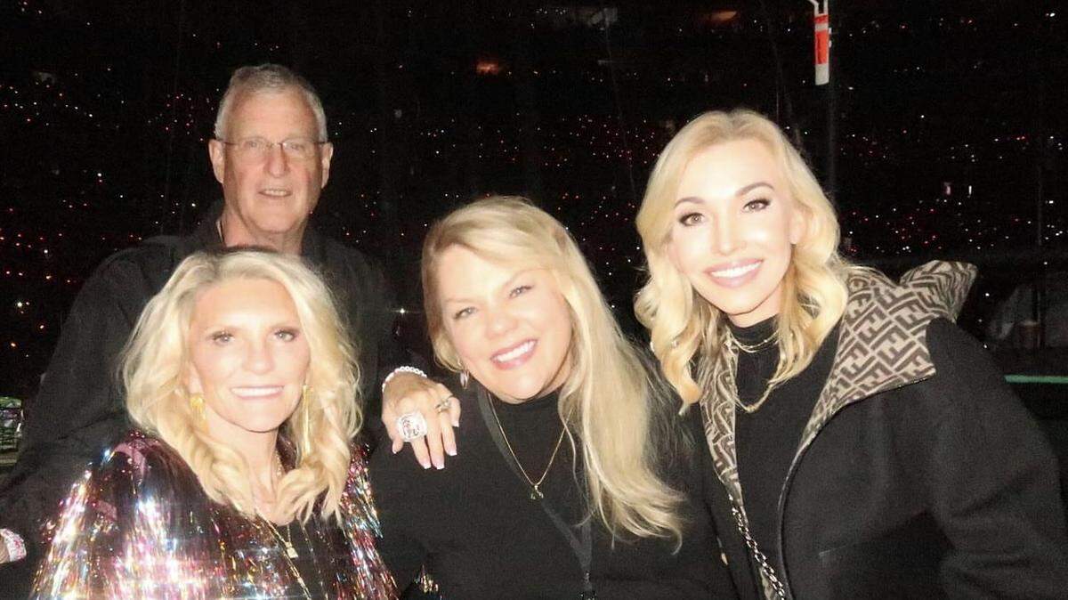 Tavia Hunt, far right, wife of Kansas City Chiefs CEO Clark Hunt, and Tammy Reid (front, left), wife of Chiefs head coach Andy Reid, attended Taylor Swift’s Eras Tour concert in Toronto ahead of the Chiefs-Bills game Sunday. Tavia shared a photo of the Chiefs wives with Taylor’s parents - Andrea Swift, middle, and Scott Swift, back.