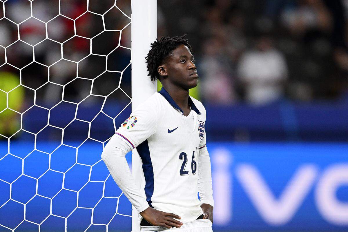 Kobbie Mainoo of England looks dejected after the team’s defeat in the UEFA EURO 2024 final match between Spain and England at Olympiastadion on July 14, 2024 in Berlin, Germany.