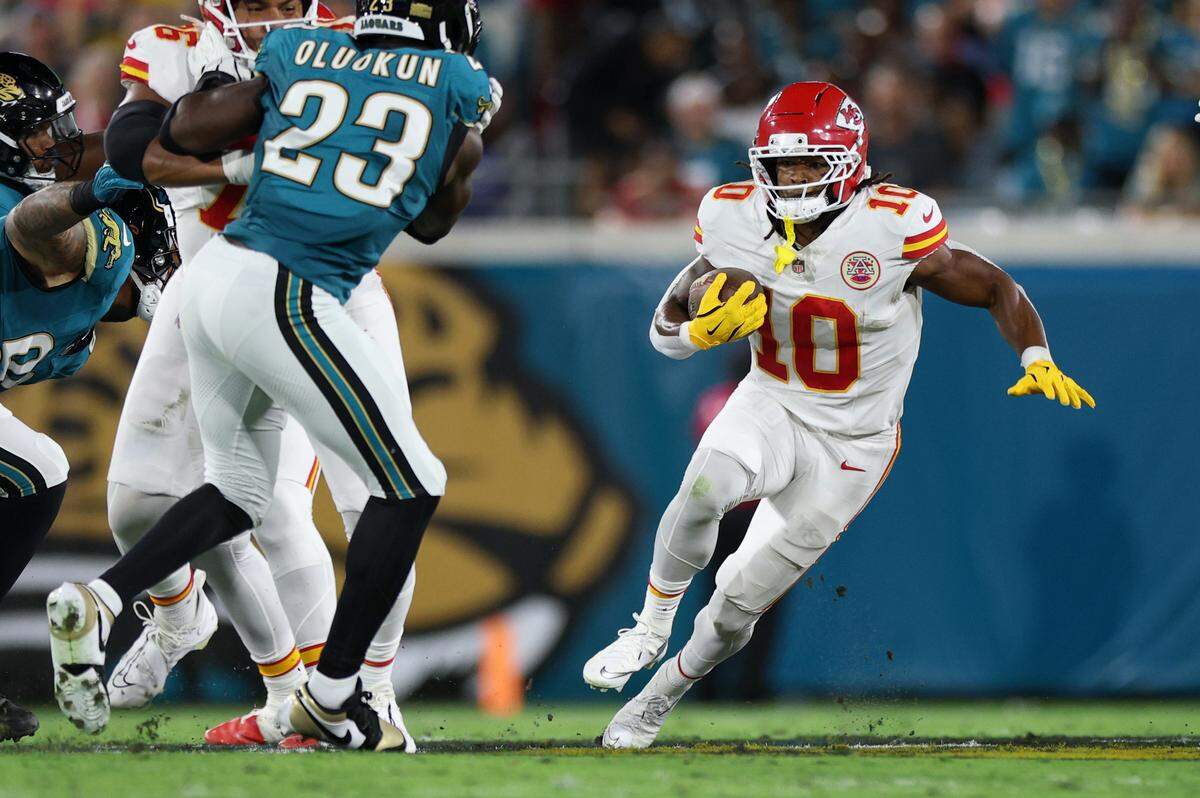 Kansas City Chiefs running back Isiah Pacheco cuts upfield with the ball during an NFL game against the Jacksonville Jaguars at EverBank Stadium in Jacksonville, Florida on Monday, Oct. 6, 2025.