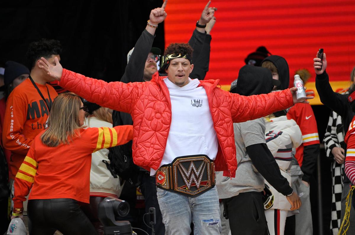 Kansas City Chiefs quarterback Patrick Mahomes fired up the crowd on stage in front of Union Station during the Kansas City Chiefs Super Bowl LVII victory parade Wednesday, Feb. 15, 2023, in downtown Kansas City.