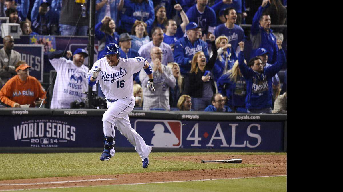 Kansas City Royals designated hitter Billy Butler hit an RBI single to score Lorenzo Cain during the sixth inning against the San Francisco Giants in game two of the World Series.