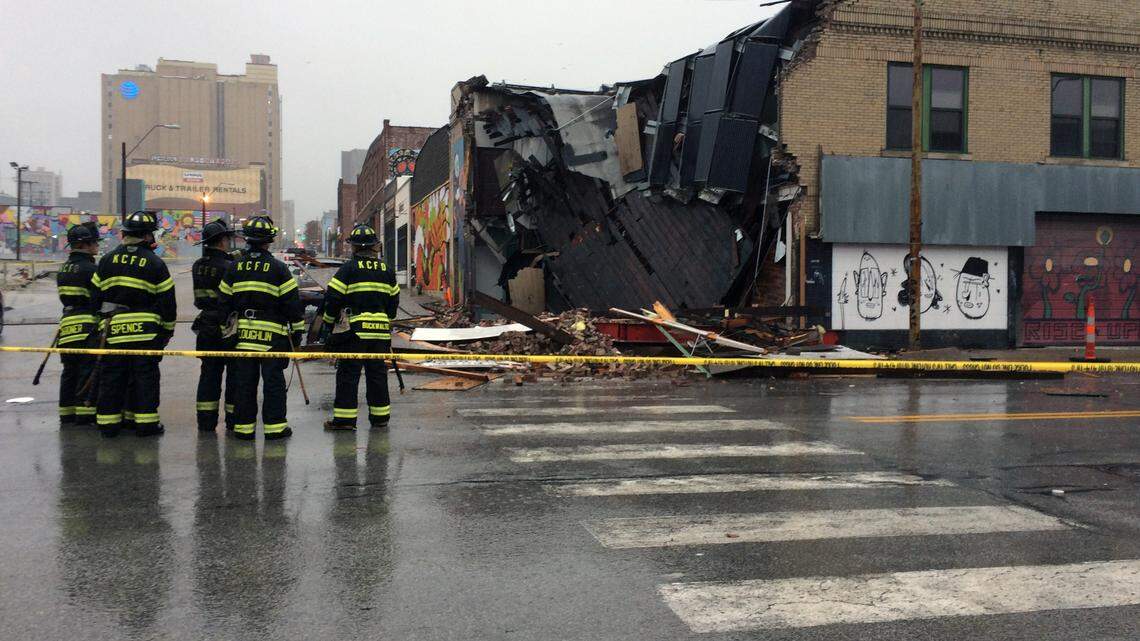 Part of a building on 18th Street at Locust Street in downtown Kansas City collapsed during pouring rain Saturday morning.

