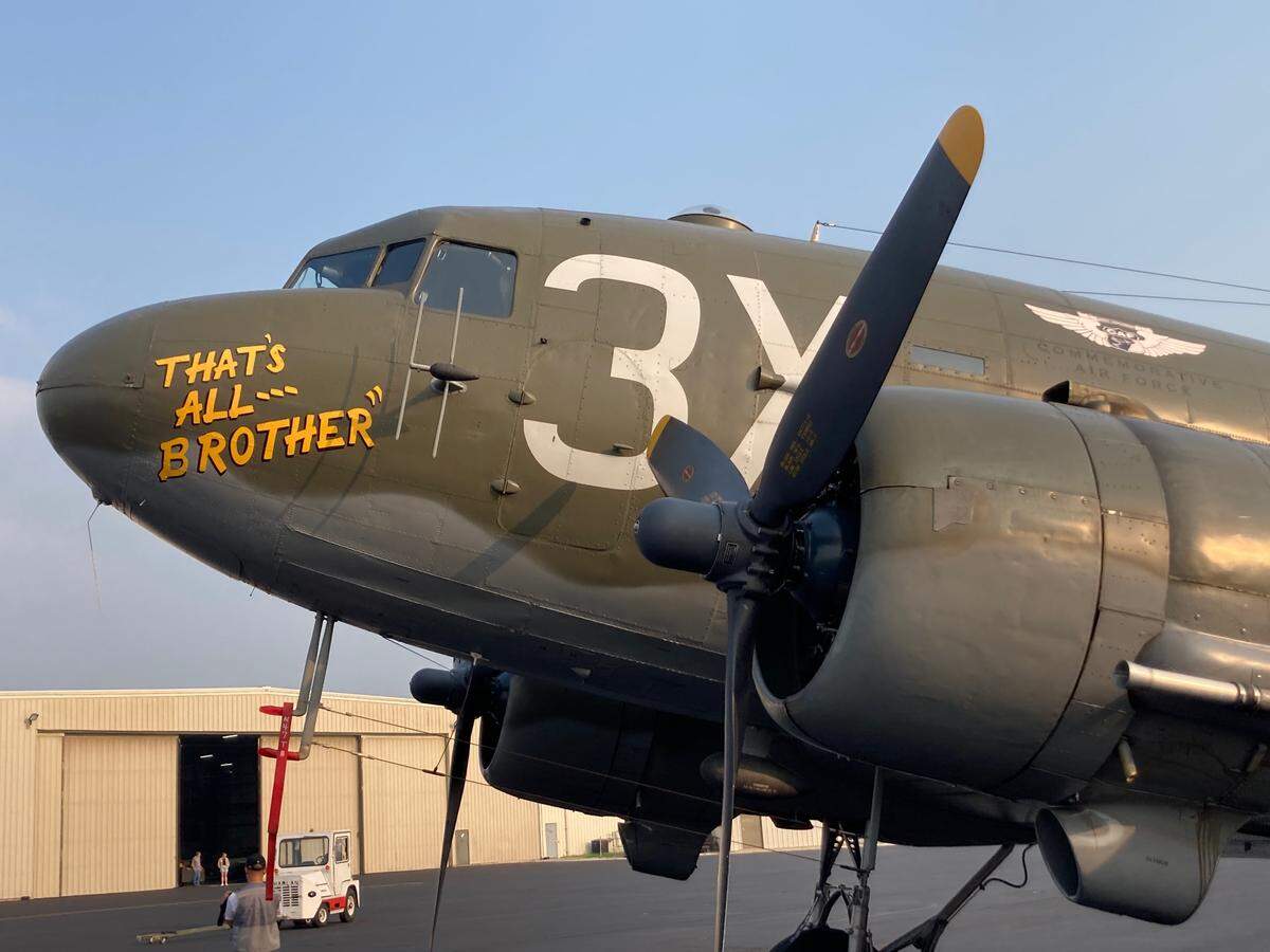 The “That’s All, Brother,” a C-47 transport that carried paratroopers into the World War II invasion of Normandy on June 6, 1944, is display at Commemorative Air Force hanger, 6 Aero Plaza, at the New Century AirCenter in Johnson County. And available for rides on Saturday and Sunday.