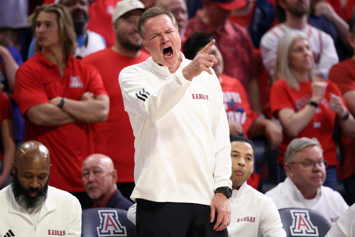 Head coach Bill Self of the Kansas Jayhawks gestures after an Arizona Wildcats basket during the first half at McKale Center at ALKEME Arena on February 28, 2026 in Tucson, Arizona.