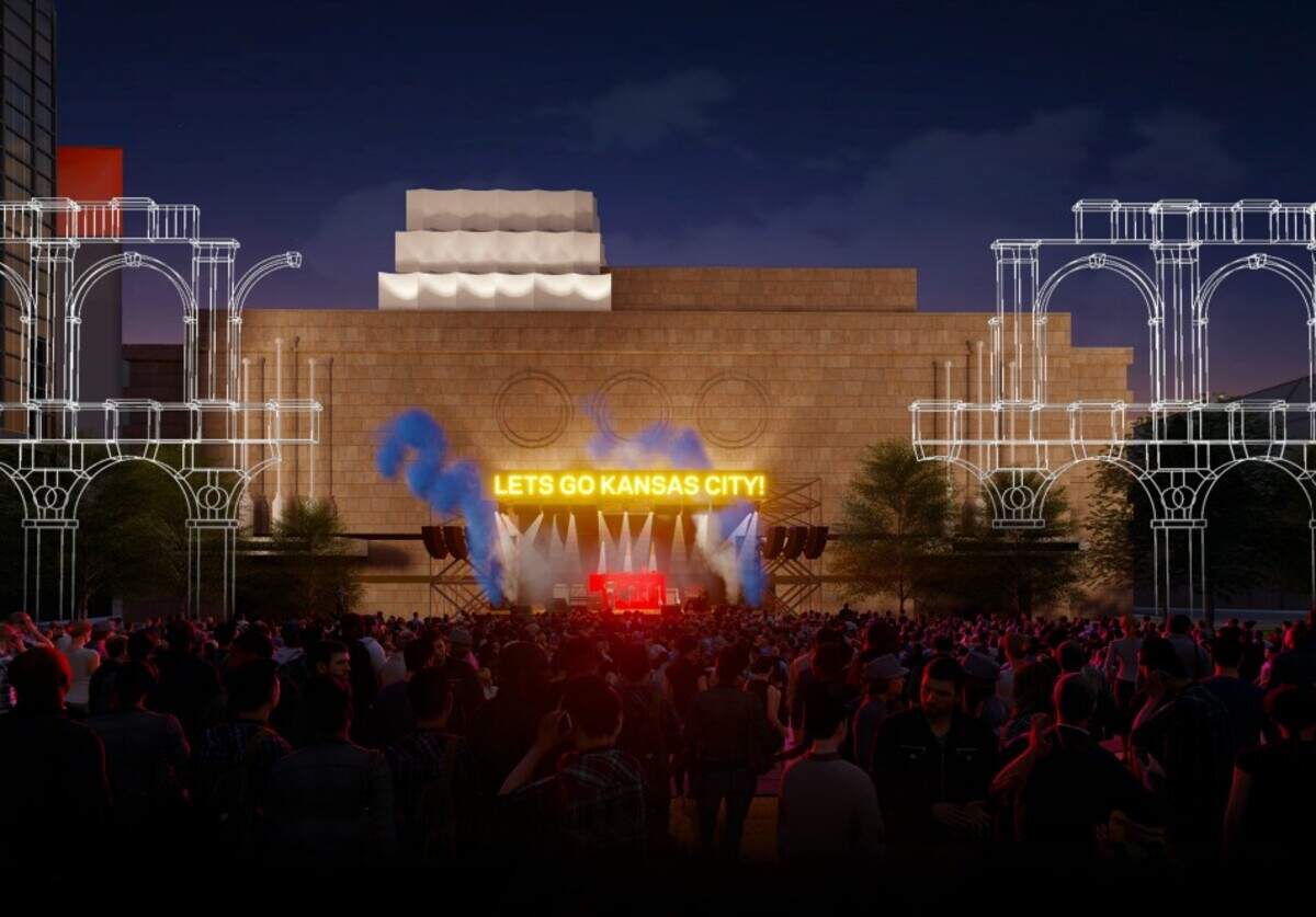 The Belgium artist chosen to produce the public art for the new Barney Allis Plaza intend for their sculpture, which will mimic the architectural outline of KC’s former 1899 Convention Hall to allow visitors to see through it for views of the surrounding architecture. The steel rods will be illuminated at night.