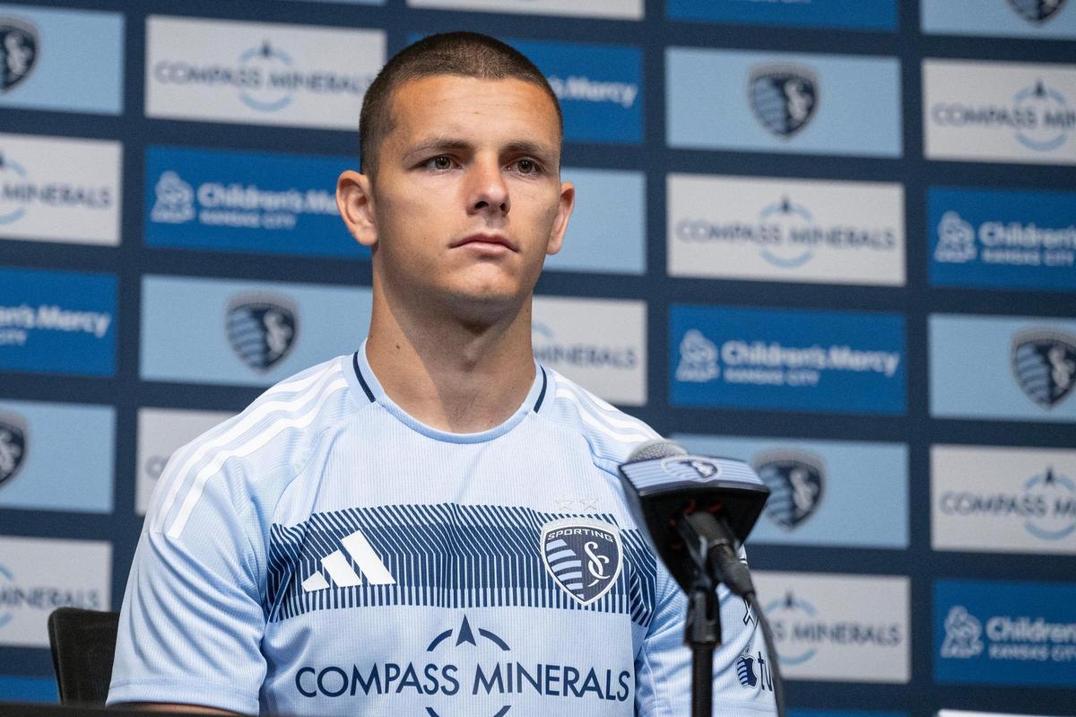 New Sporting Kansas City forward Dejan Joveljic takes questions during media day at Children’s Mercy Park on Friday, Feb. 14, 2025, in Kansas City, Kansas.