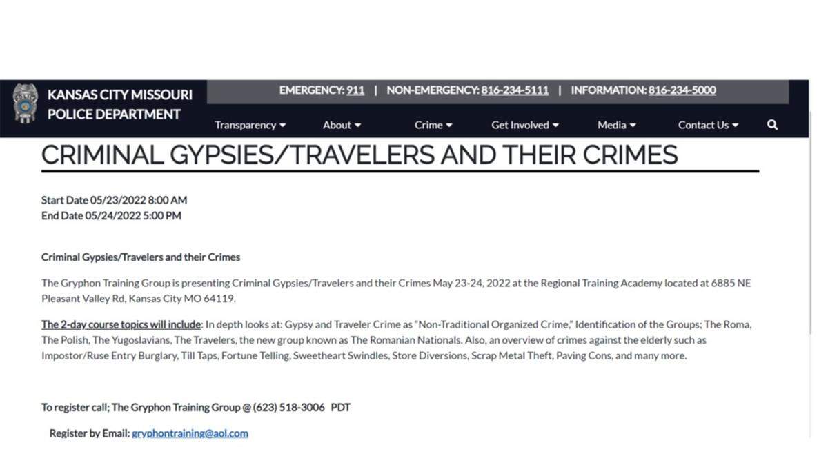 The Kansas City Police Department removed a posting about a training on “Criminal Gypsies.”