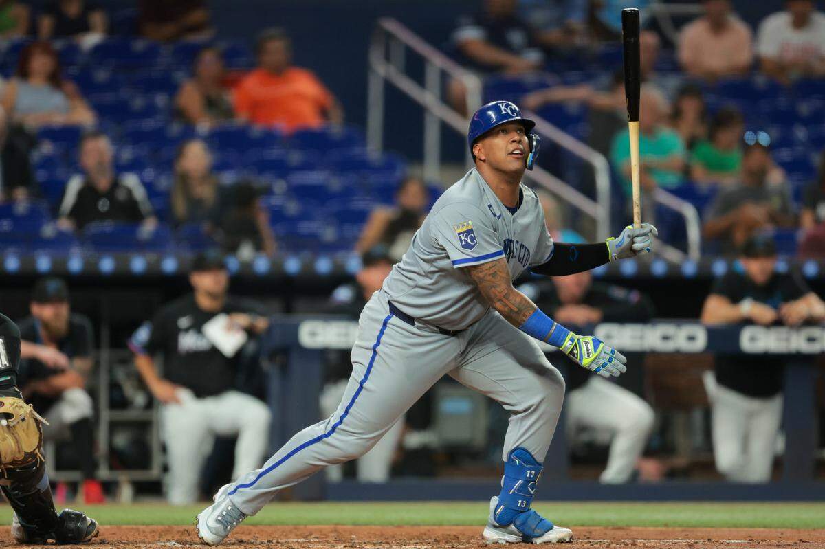 Kansas City Royals catcher Salvador Perez hits a single against the Miami Marlins during the fourth inning at LoanDepot Park in Miami on Friday, July 18, 2025.