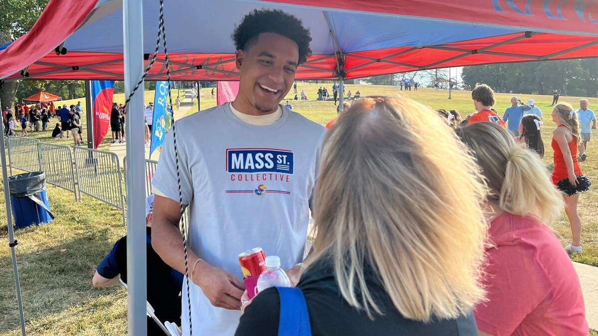 Senior Kansas Jayhawks guard Kevin McCullar attended an NIL event prior to KU’s home football game against Illinois on Friday.