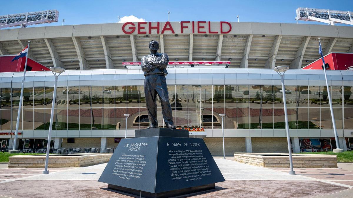 A statue of Lamar Hunt, founder of the Dallas Texans, which later became the Kansas City Chiefs. graces Arrowhead Stadium at the Truman Sports Complex on Tuesday, July 1, 2025, in Kansas City. 