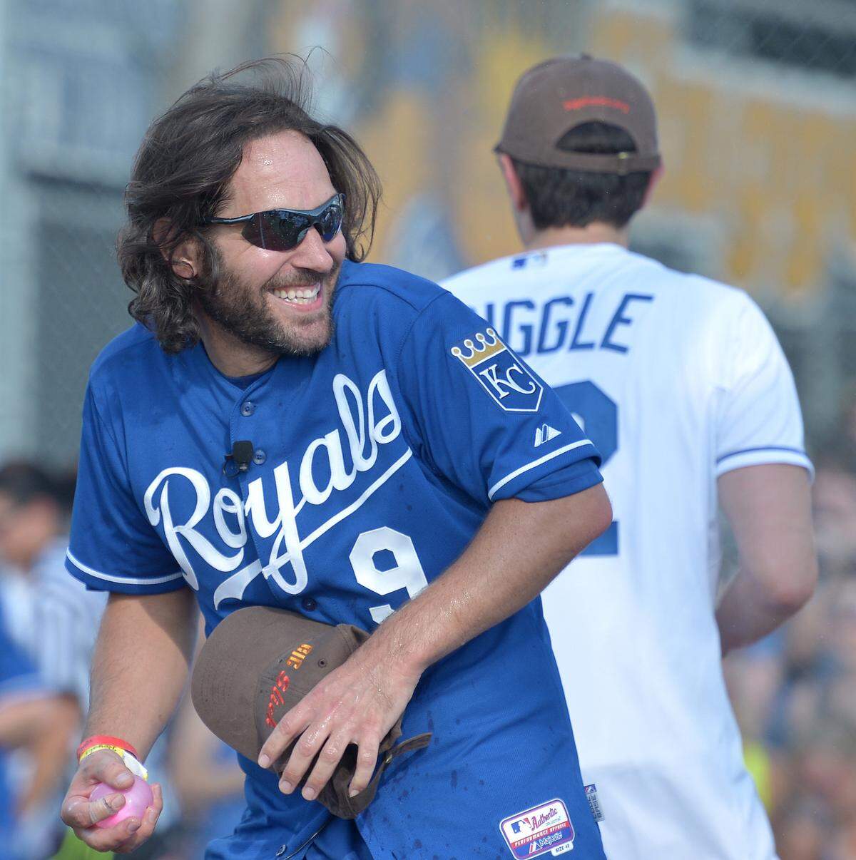 The Big Slick Celebrity Weekend Wiffle Ball Game turned into a water balloon fight halfway through the game in 2013. Paul Rudd was armed with a water balloon ready to soak one of his fellow celebrities.