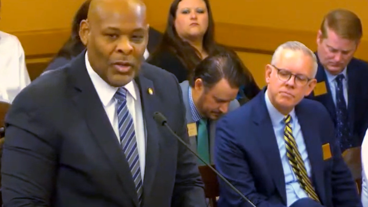 Kansas City, Kansas, Mayor Tyrone Garner testifies before the Kansas Senate Committee on Assessment and Taxation in support of a bill that would authorize counties to impose a local earnings tax.
