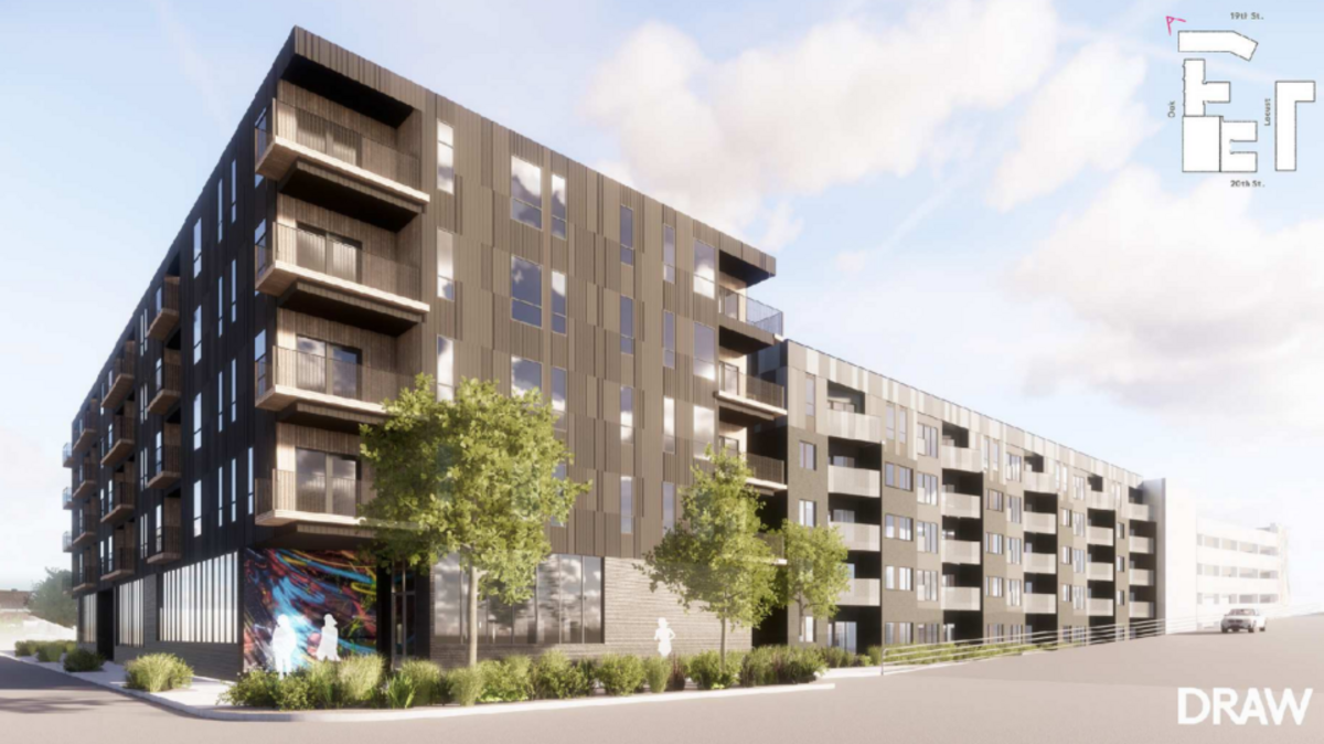 An architectural rendering shows the proposed mixed-use project Milhaus Development is planning at 19th and Oak.