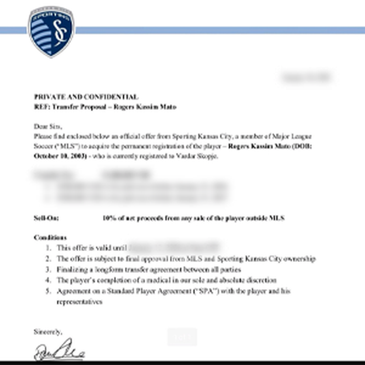 This blurred screesnhot of an apparent Sporting KC email begins with the text “PRIVATE AND CONFIDENTIAL.” It was posted by North Macedonian soccer club FK Vardar online.