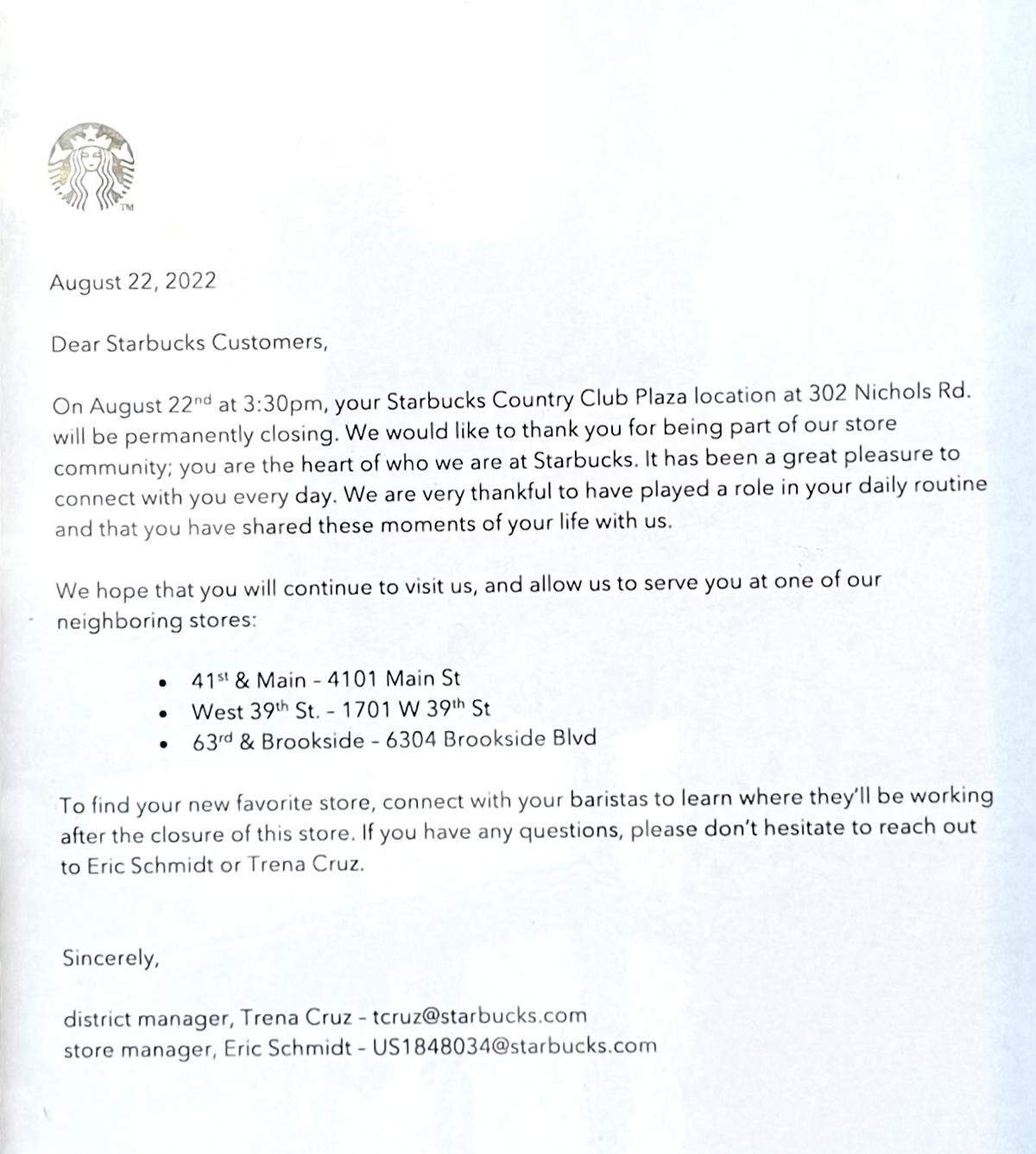A letter posted outside the Starbucks location on the Country Club Plaza, which was one of the first stores in the Kansas City area to attempt to unionize, says the store will close permanently.