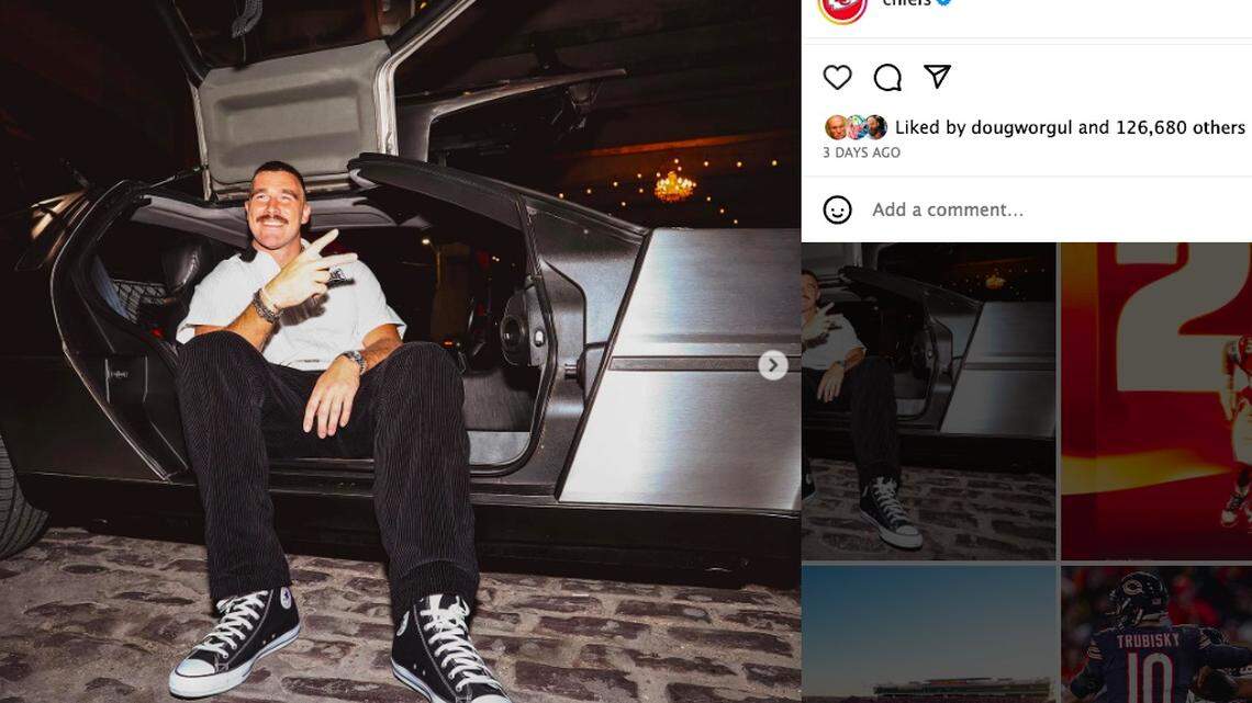 Noted car enthusiast and collector Travis Kelce at his Kelce Car Jam fundraiser last week, two days before giving Taylor Swift a ride in his 1970 Chevrolet Chevelle SS convertible.