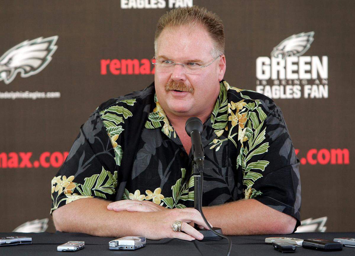 Philadelphia Eagles coach Andy Reid talks to the media on the first day of football training camp at Lehigh University, Monday, July 21, 2008 in Bethlehem, Pa. (AP Photo/Tom Mihalek)