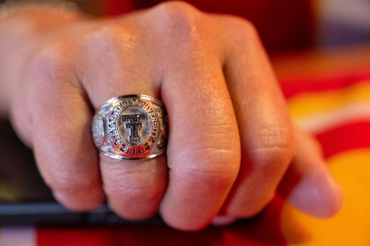 J.R. Morales showcases his Texas Tech University ring on Tuesday, Feb. 6, 2024, in Lubbock, Texas.