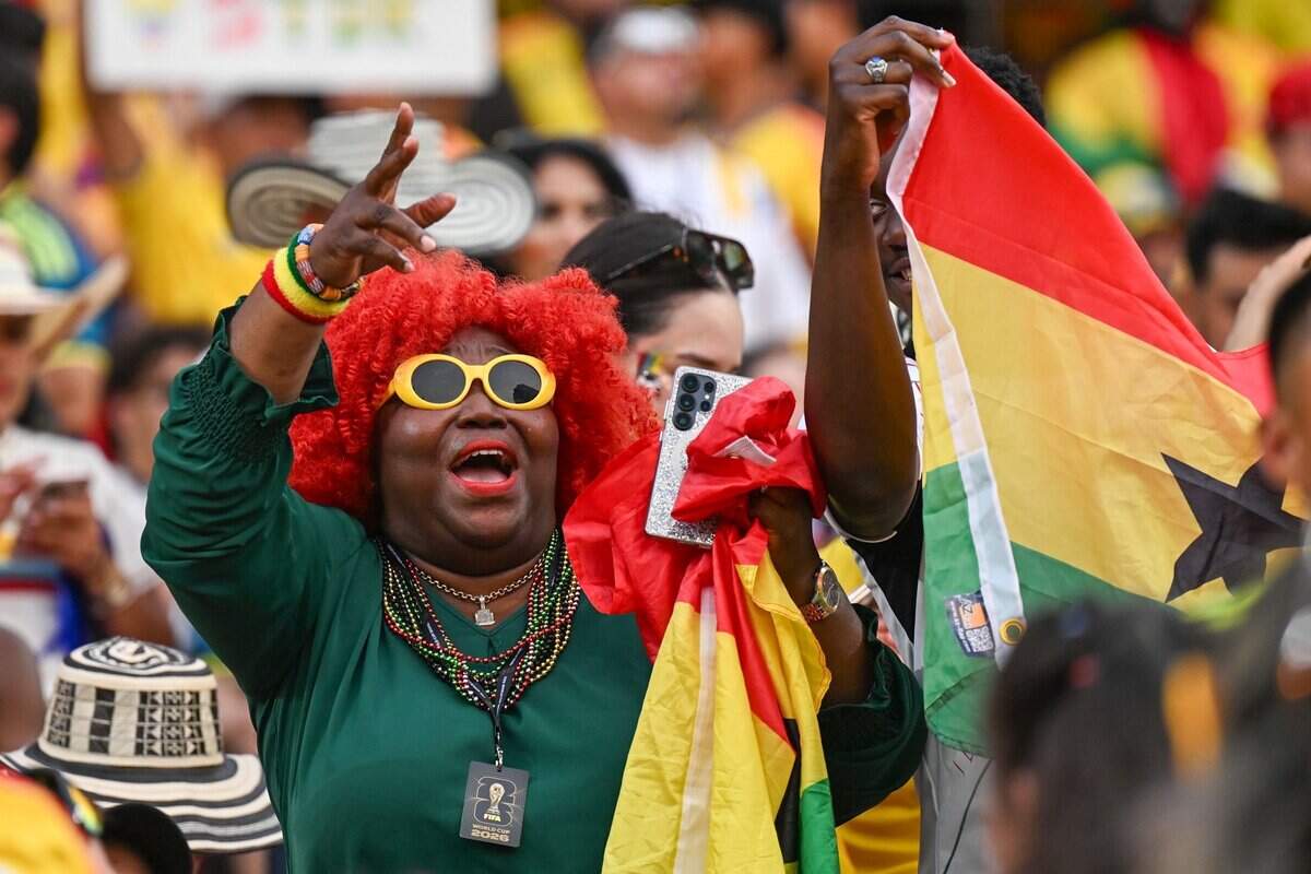 Ghanian fans proudly wear the red, yellow, green and black from the national flag at the Colombia vs. Ghana 2026 World Cup round of 32 football match at Kansas City (Arrowhead) Stadium in Kansas City on Friday, July 3, 2026.