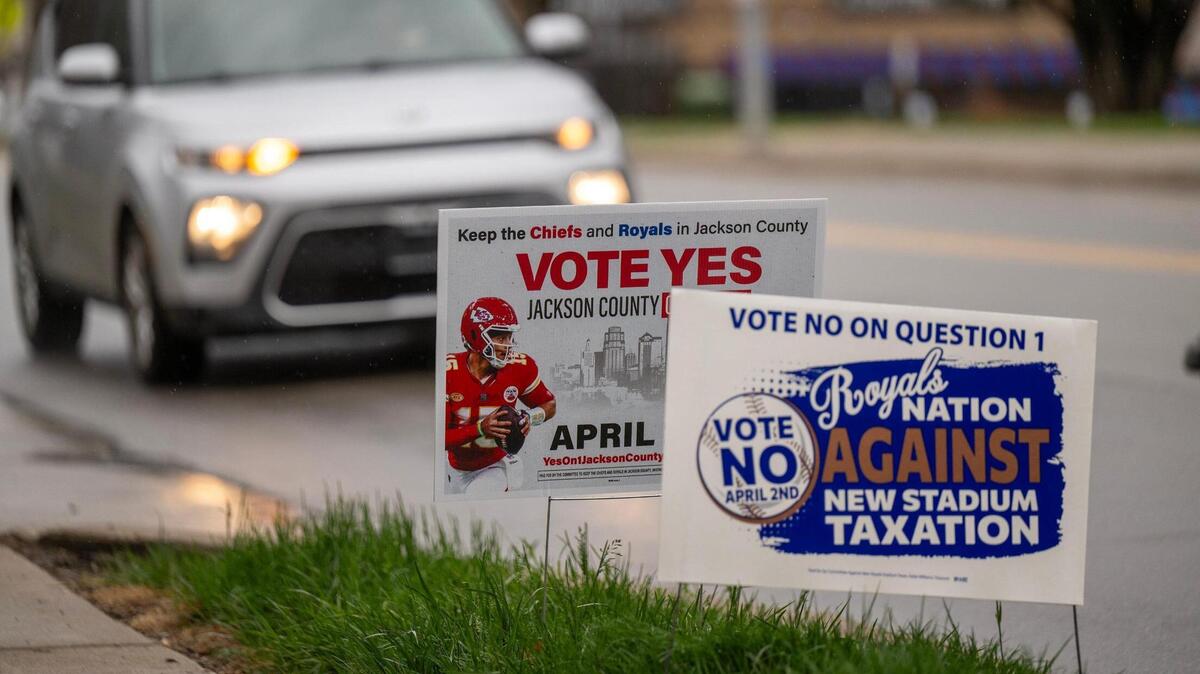 Vote Yes and Vote No signs were posted along Wornall Road outside of a polling place where voters cast ballots at on Tuesday, April 2, 2024. Jackson County voters went to the polls to decide on many races but most notably Question 1, which would authorize tax funding to help pay for a new Royals stadium in the Crossroads and renovations to Arrowhead Stadium.