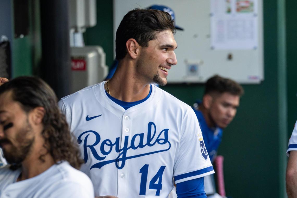 Royals outfielder Jac Caglianone had reason to smile in the home dugout on Wednesday, July 9, 2025 at Kauffman Stadium in Kansas City. He smacked a 466-foot home run to center field against the Pittsburgh Pirates.