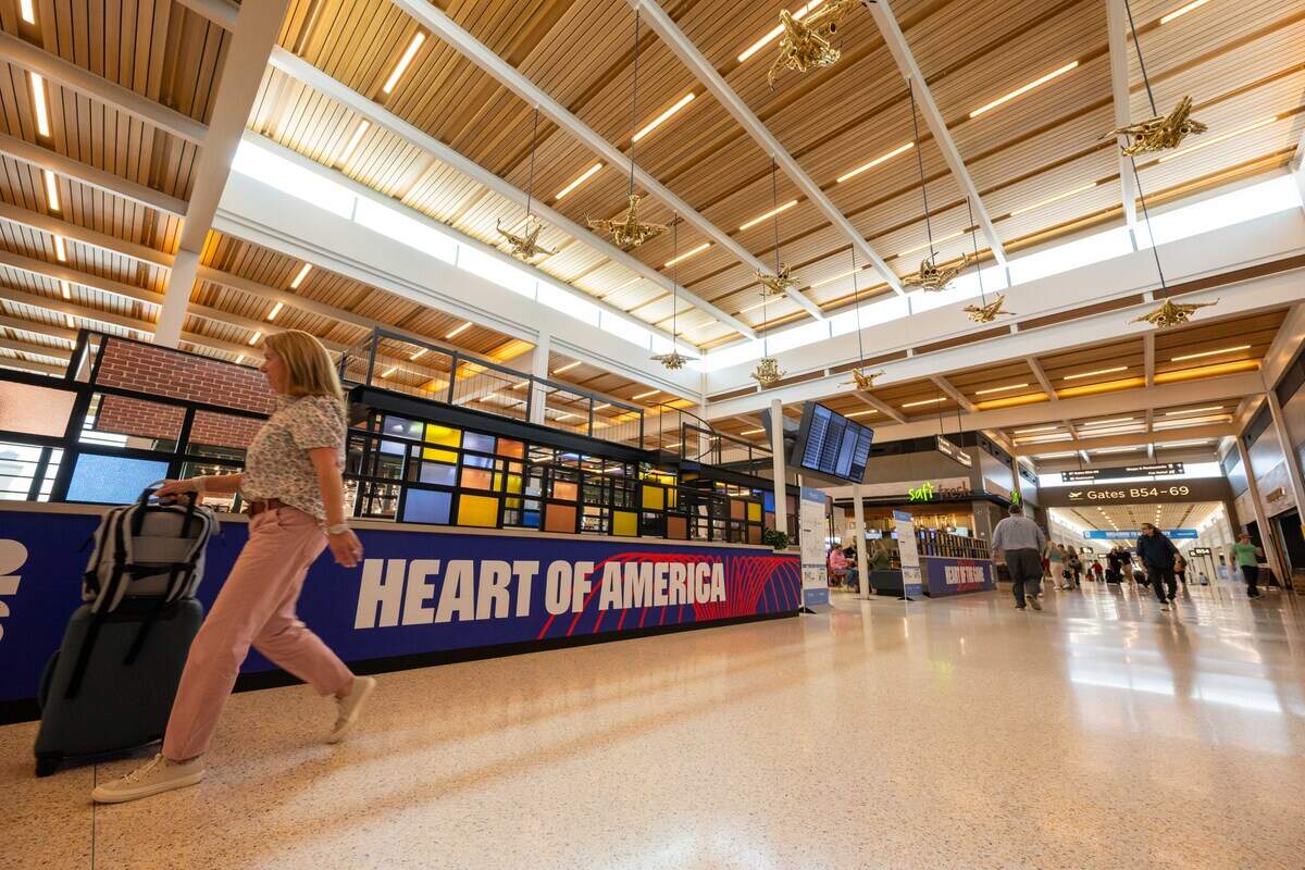 World Cup 2026 signs dot the terminal at Kansas City International Airport.