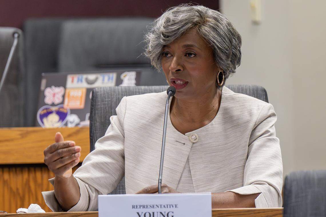 Rep. Yolanda Young, a Kansas City Democrat, speaks as Rep. Dirk Deaton, a Noel Republican, sponsors a redistricting plan for new congressional district maps during a hearing on Thursday, Sept. 4, 2025, in Jefferson City.