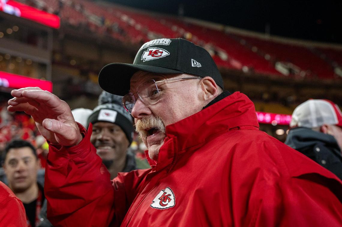 Chiefs head coach Andy Reid after the Kansas City Chiefs celebrate the teams’ 32-29 win over the Buffalo Bills to claim the AFC Championship on Sunday, Jan. 26, 2025, at GEHA Field at Arrowhead Stadium.