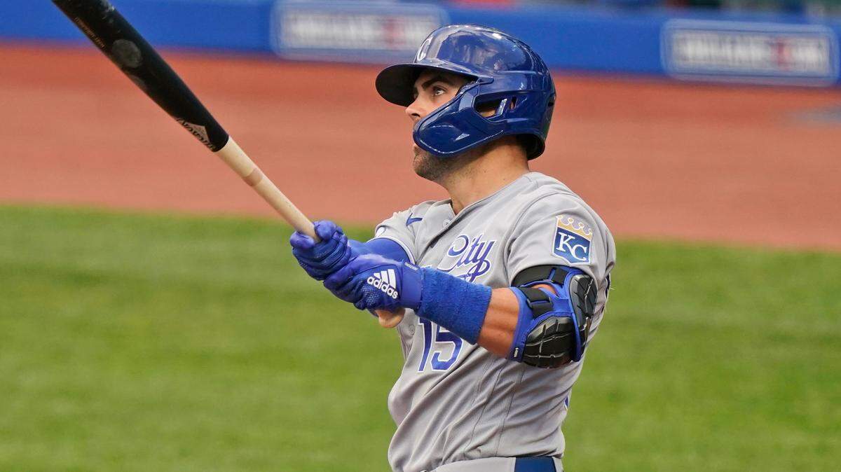Kansas City Royals’ Whit Merrifield watches his three-run home run during the third inning of the team’s baseball game against the Cleveland Indians, Tuesday, Sept. 8, 2020, in Cleveland. (AP Photo/Tony Dejak)
