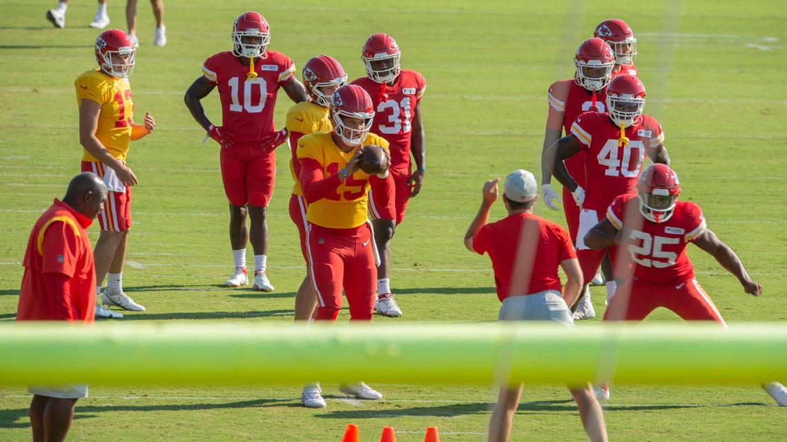 Kansas City Chiefs quarterback Patrick Mahomes (15) runs through drills during practice at Chiefs training camp on Wednesday, Aug. 17, 2022, in St. Joseph.