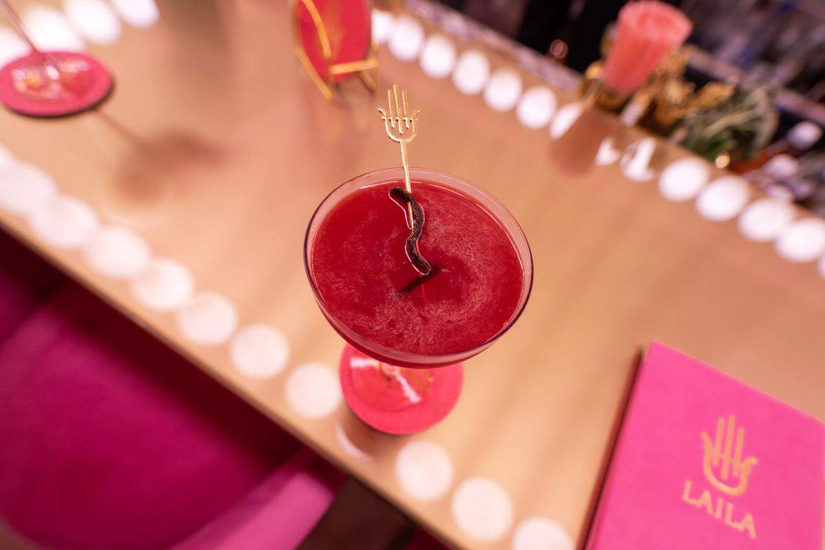 The Mayahuel cocktail, crafted with tequila, mezcal, beet, basil and grapefruit and offered with a zero-proof alternative, is pictured at Laila Lounge on Friday, Aug. 8, 2025, in Kansas City.
