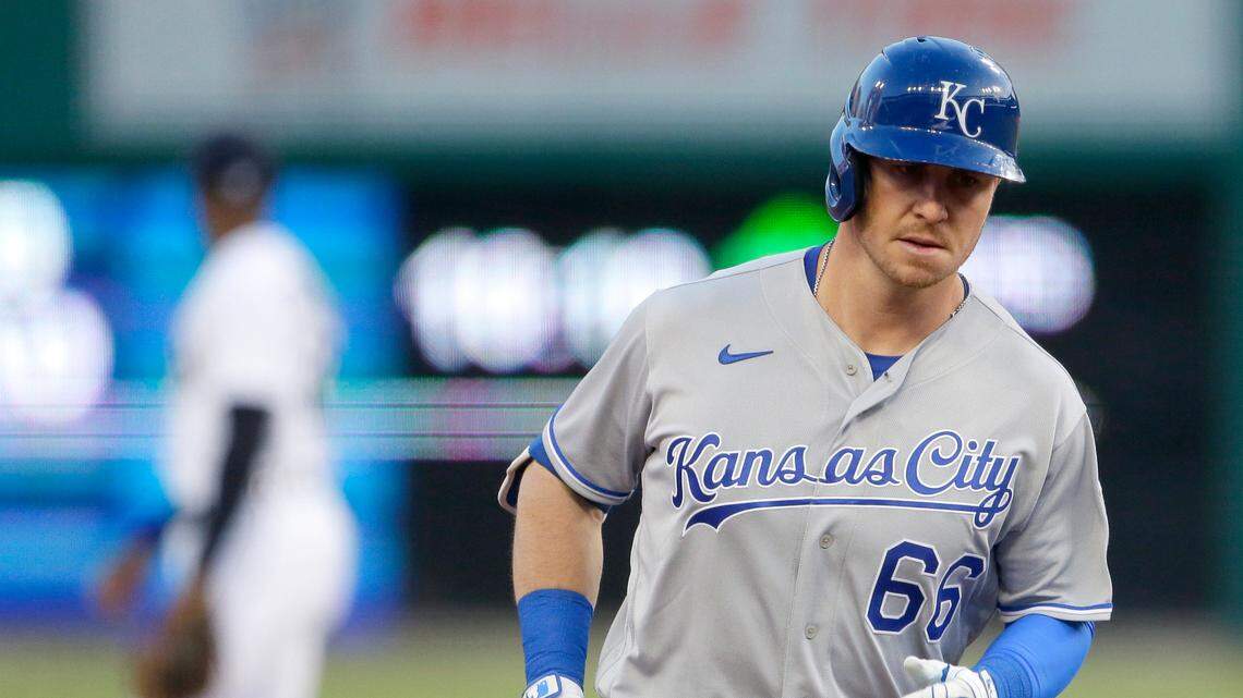 Kansas City Royals Ryan O’Hearn rounds third base after hitting a solo home run against the Detroit Tigers during the fourth inning on Friday, April 23, 2021, in Detroit.