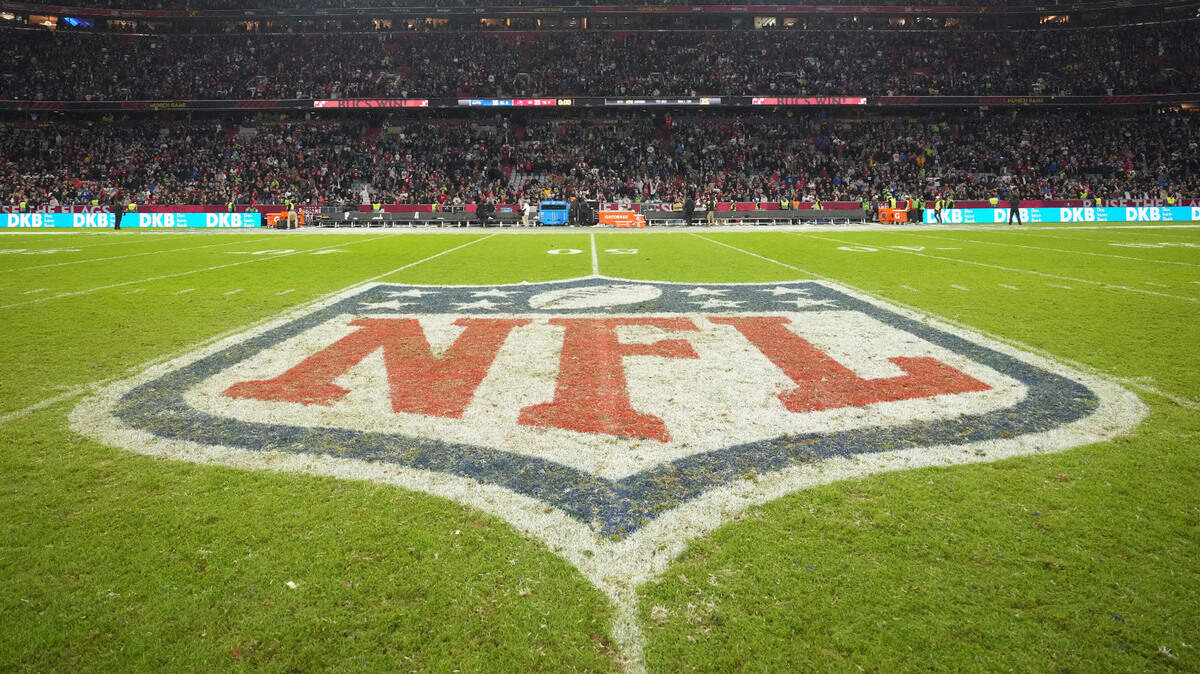 A general overall view of the NFL logo at midfield during an NFL International Series game at Allianz Arena.