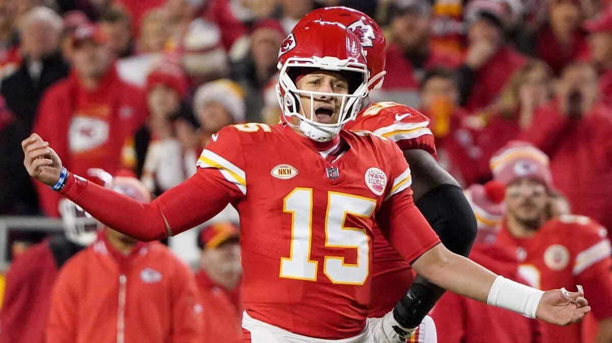 Kansas City Chiefs quarterback Patrick Mahomes (15) gestures to an official after a play against the Buffalo Bills during the second half at GEHA Field at Arrowhead Stadium on Dec. 10, 2023.