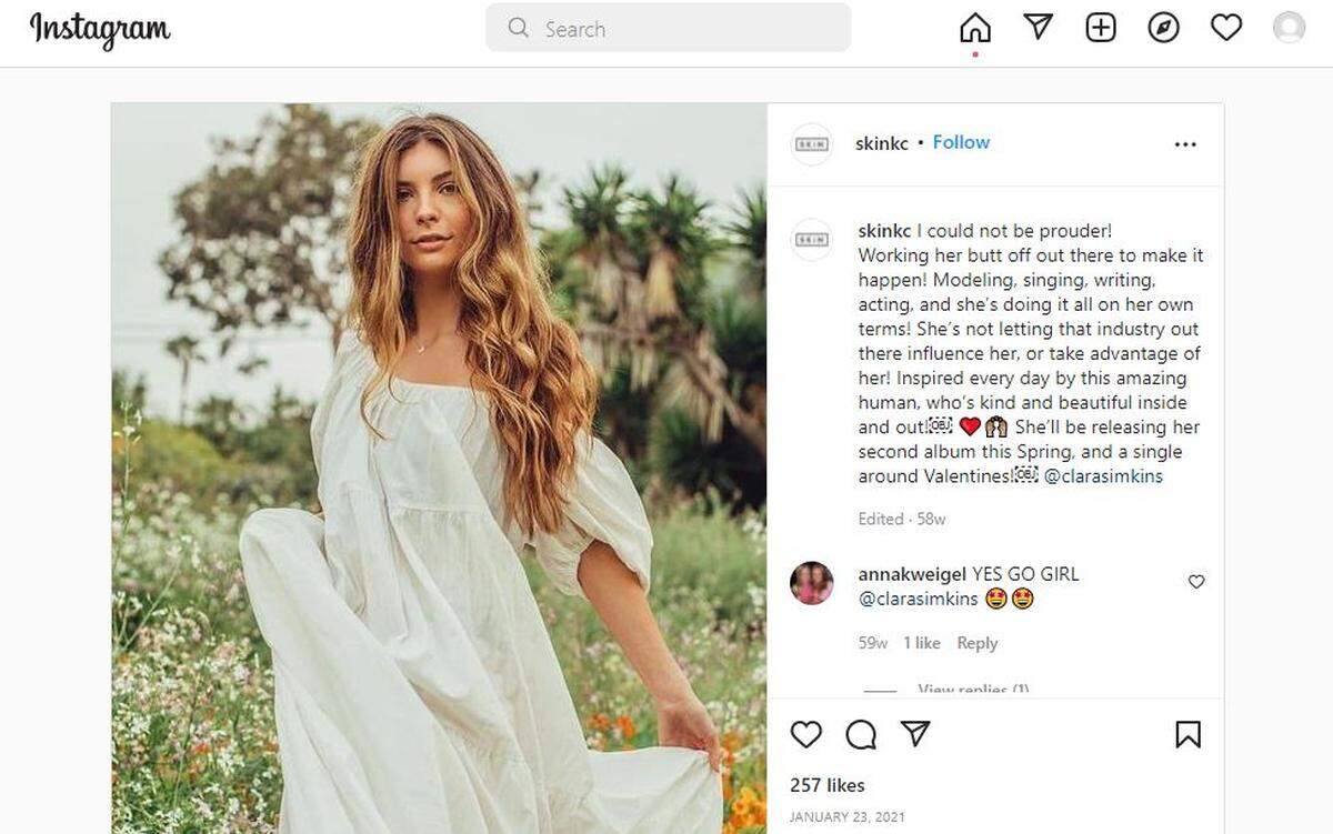 Clara Simkins, daughter of Scott Simkins, who embezzled $3.1 million as CFO of Genesys Systems Integrator of Kansas City, is working to be a singer/songwriter, model and actress in Los Angeles.