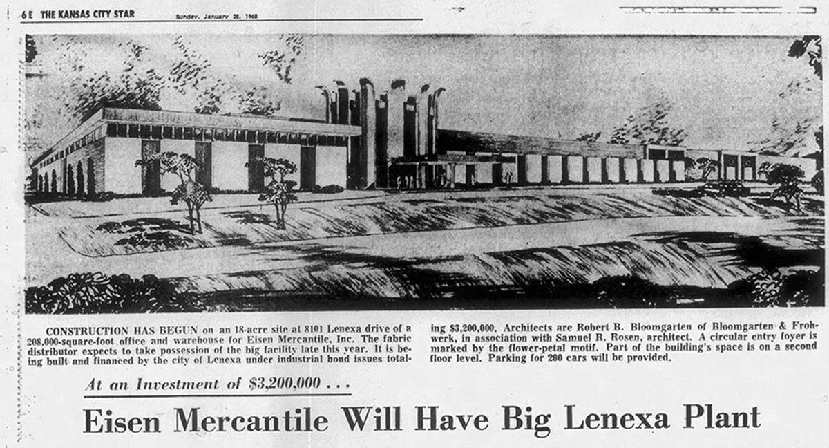 A newspaper article date Jan. 26, 1968, details plans and shows a rendering of the Eisen Mercantile building at 8101 Lenexa Drive.