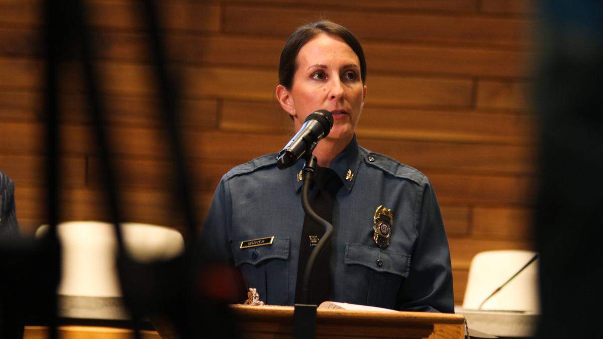 Kansas City Police Chief Stacey Graves spoke at a news conference about the Save KC initiative on April 4, 2025. Leaders spoke about how the program has been connecting perpetrators of violent crime with resources to improve their lives.
