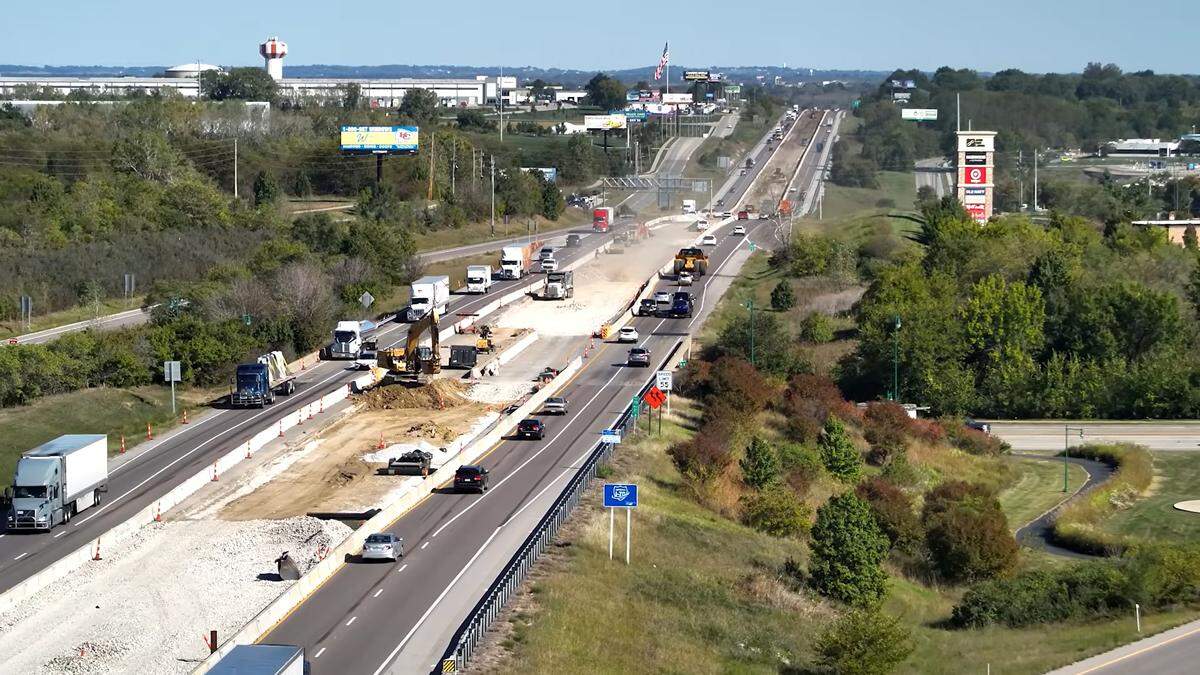A screenshot of a Missouri Department of Transportation video shows a portion of Interstate 70 between Blue Springs and Odessa under construction.