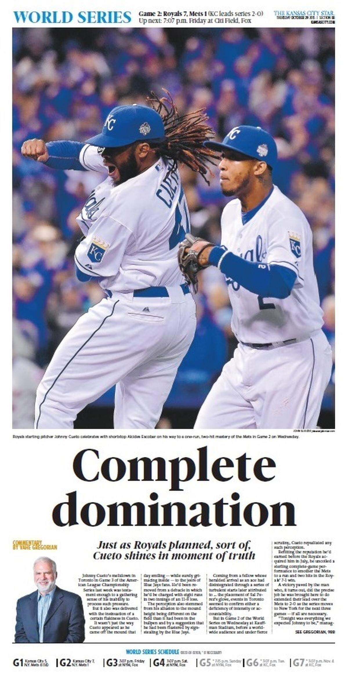 The front page of The Kansas City Star sports section the day after the Royals beat the Mets in Game 2 of the World Series on Oct. 28, 2015.